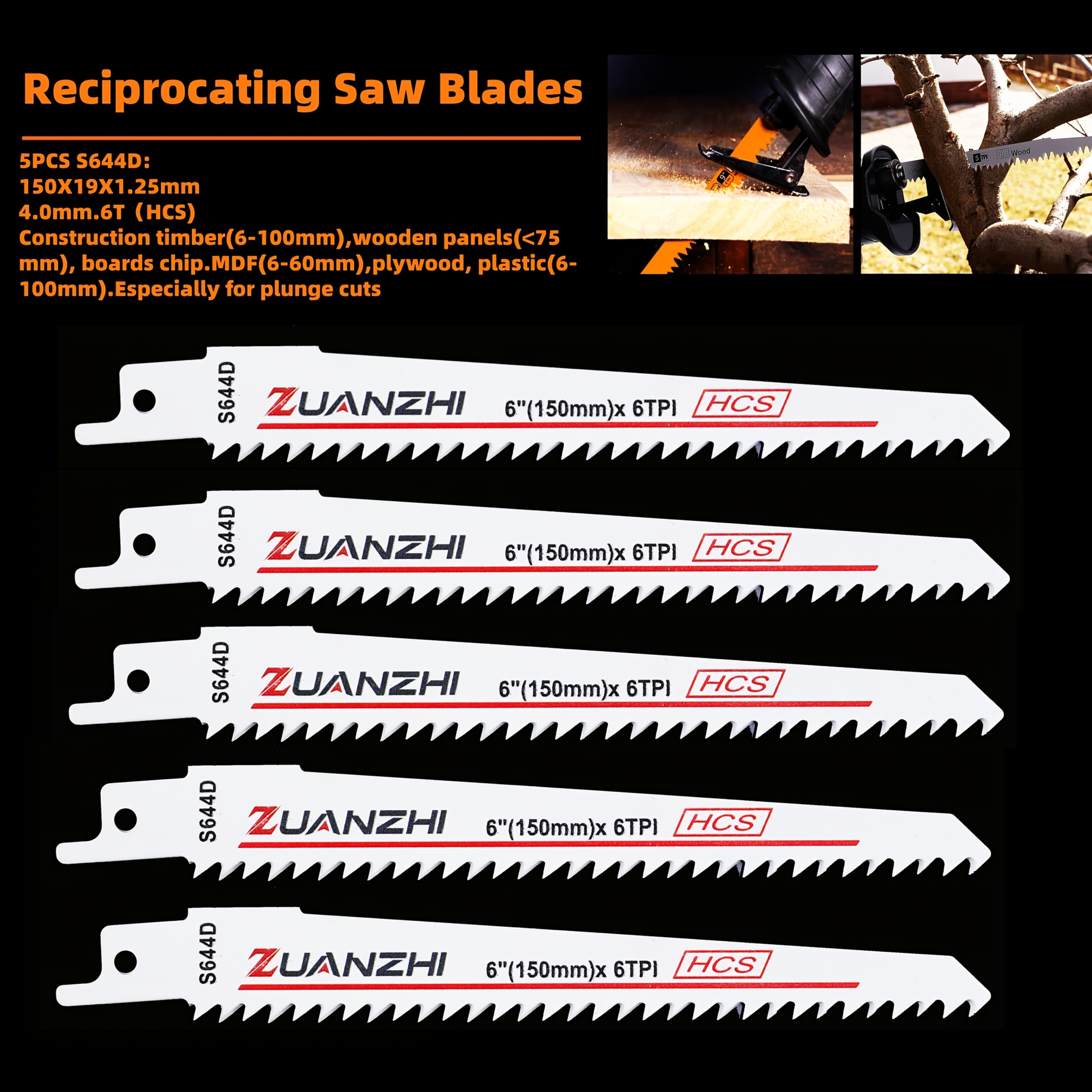 TEMU Zuanzhi Wood Pruning Reciprocating Saw Blade, 6-inch Saw Blades S644d 6tpi Length 150mm 5 Pack/10 Pack/20 Pack Saw Blade, Wood Saw Blades