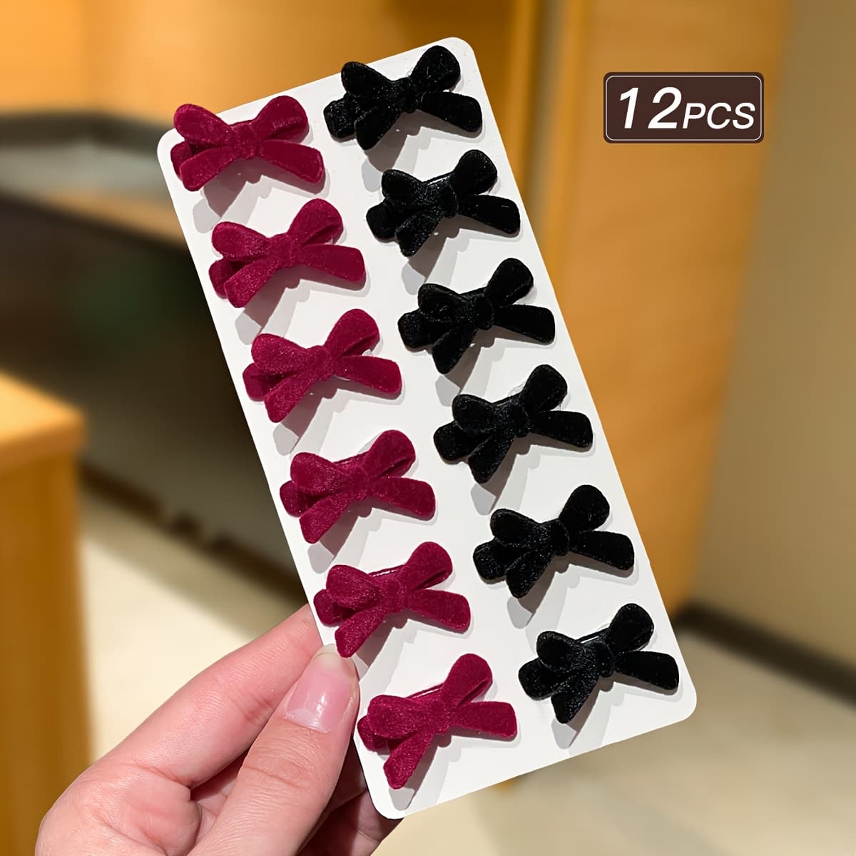 TEMU 12pcs Women's Black Red Suede Bow Hair Clips, Retro Style, Small Hair Clips, Women's Hair Additions, Suitable For Daily Casual Use, Women's Additions