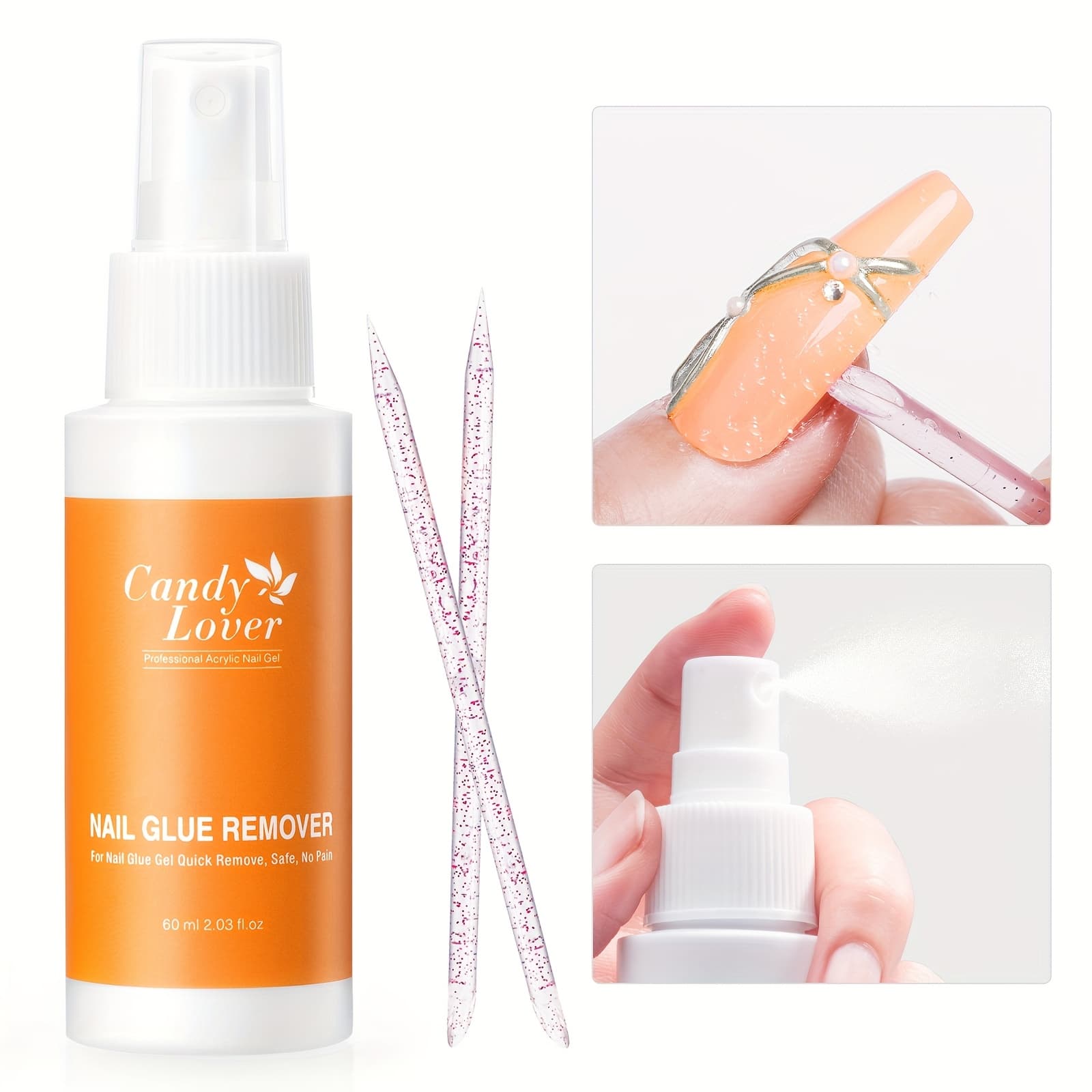 TEMU 60ml Nail Glue Remover, Press On Nail Remover With 2 Sticks Removal Tool, Easy Remove Solid Nail Glue Fake Nail Tips, Not Suitable For Gel-base Glue Or Gel Nail Polish