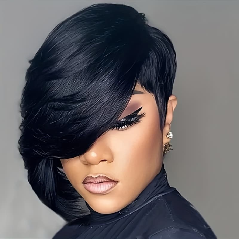 TEMU 8-inch Cut Wig For Women - 180% Density Brazilian Human Hair, Short Straight Style With Natural