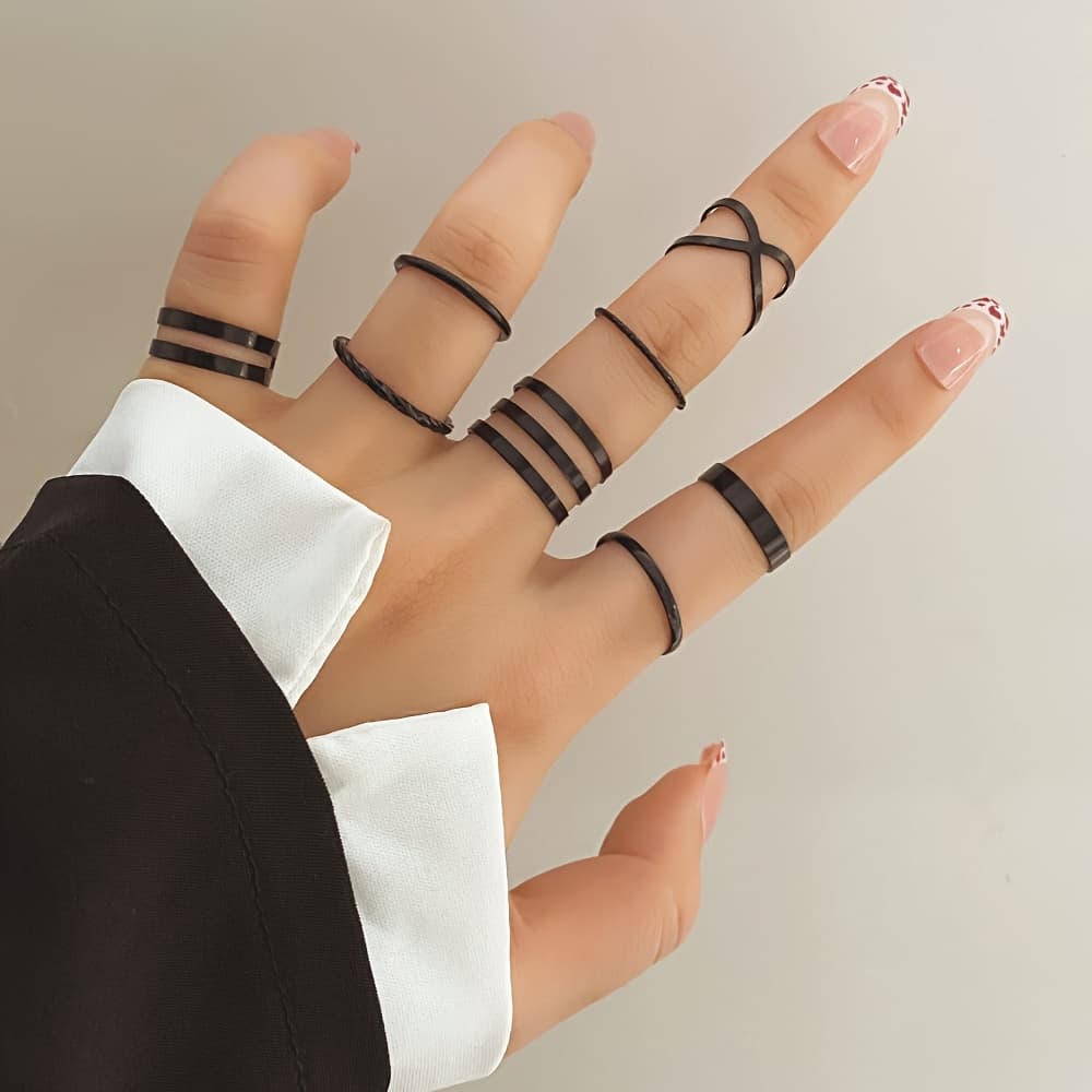 TEMU 8pcs Sleek Black Geometric Ring Set - Minimalist & Stylish Alloy Rings For Men And Women, Casual Attire,