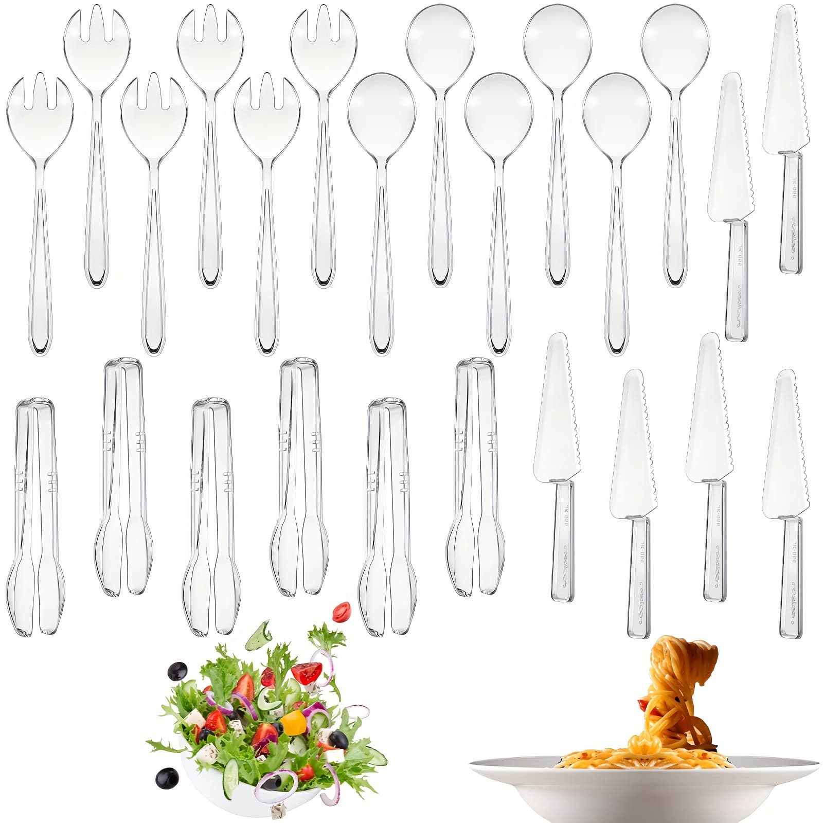 TEMU 24pcs Plastic Serving Utensils Set Disposable Utensils Includes 18pcs Serving Spoons Forks Tongs And 6pcs Plastic Cake Server For Birthday Party Buffet Cutlery For Serving Food (clear)