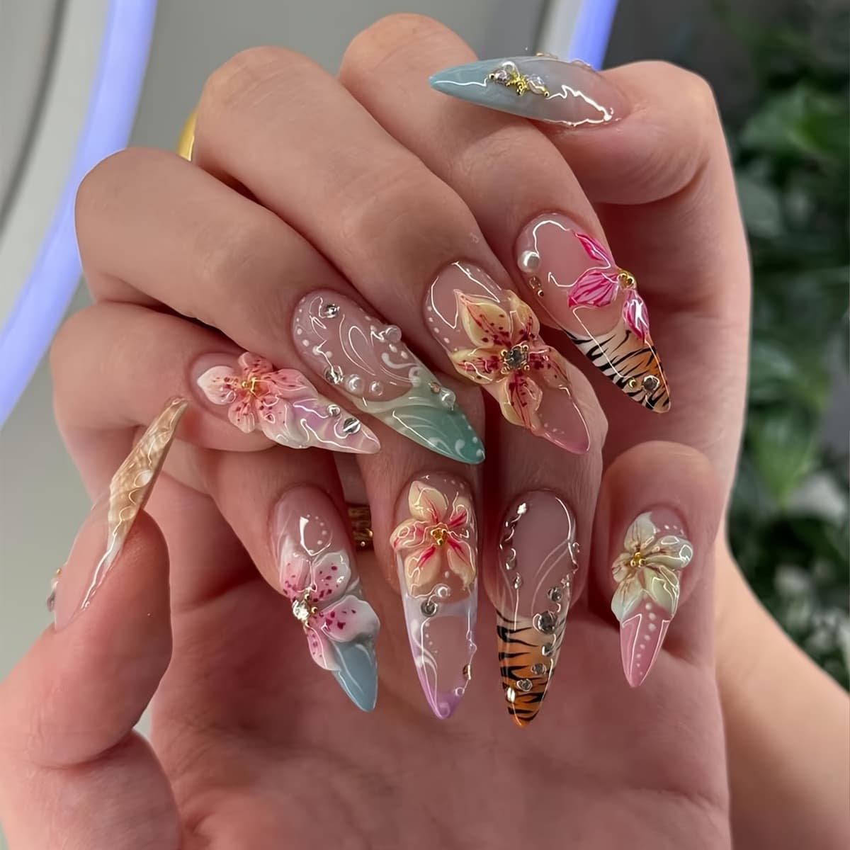 TEMU 24pcs Almond Nails 3d Flower Design Luxury Fake Nails With Rhinestones And Pearls For Women And