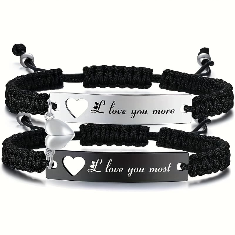 TEMU Adjustable Heart-shaped Couples Bracelets - Stainless Steel, Braided Design For Boyfriend & Girlfriend - Long Distance Relationships, Anniversary, Christmas, Birthday Gifts