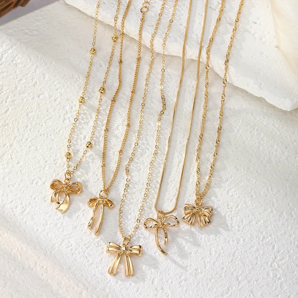 TEMU 5pcs Elegant Exquisite Multi- Bow Pendant Necklace Set Women' Party Matching Trendy Jewelry