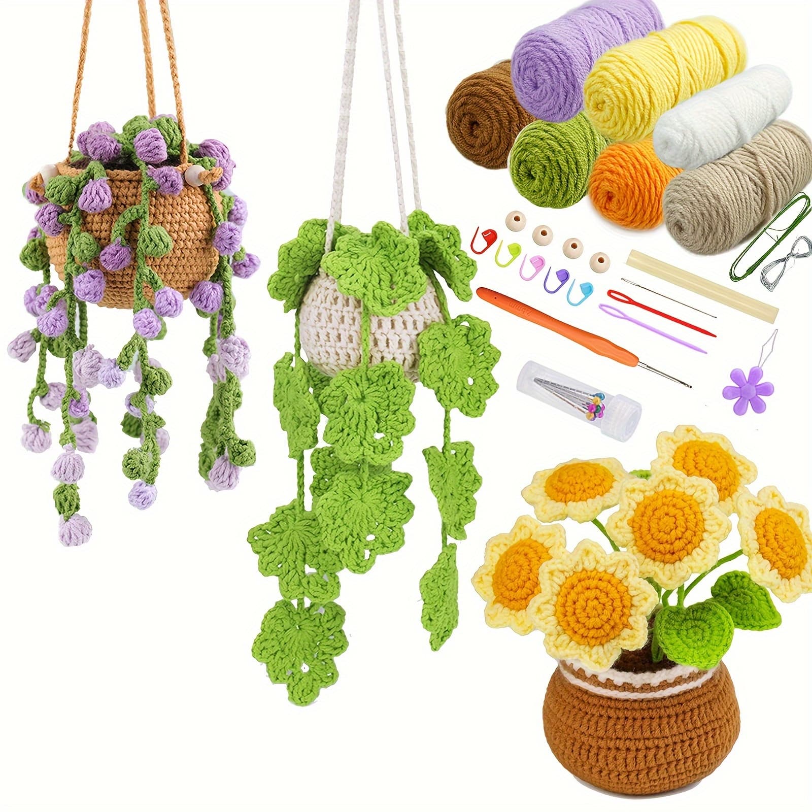 TEMU Crochet Kit For Beginners, 3pack Hanging Potted Plants, Sunflower Crochet Starter Kit With Easy To Follow Tutorials For Adults Birthday Gift, Home Decor