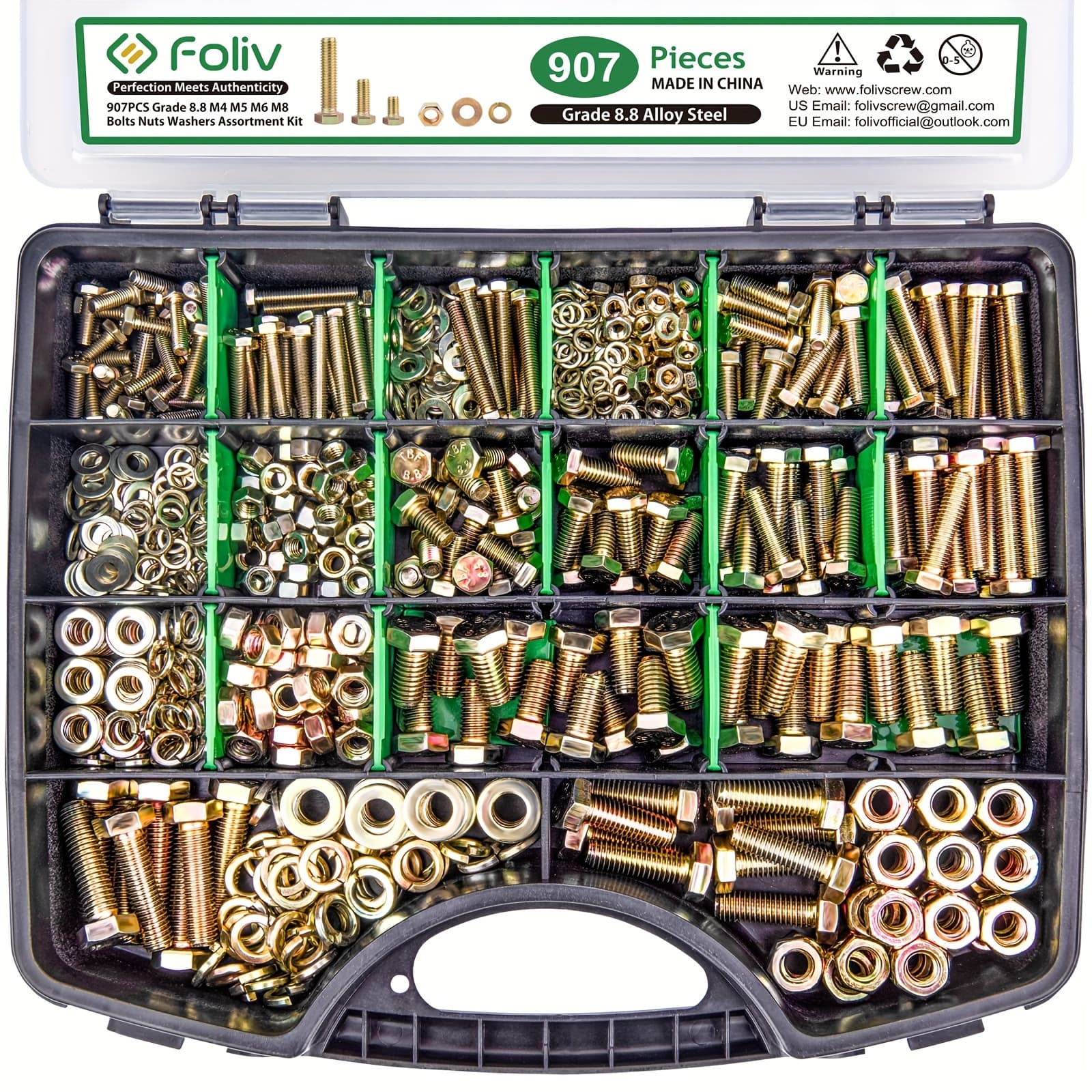 TEMU 907pcs Metric Bolt Assortment, M4 M5 M6 M8 Heavy Duty Bolts And Nuts Kit, Yellow Plated, Length From 12-30mm