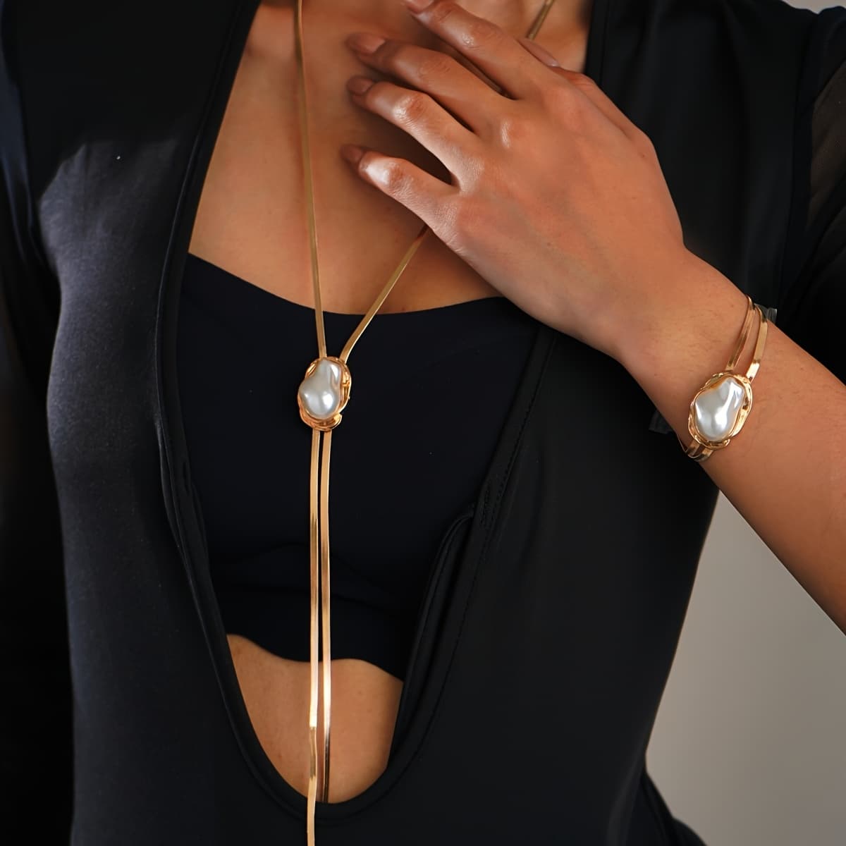 TEMU 2pcs Fashionable Minimalist Baroque Acrylic Artificial Pearl Flat Snake Bone Chain Long Y-shaped Necklace Bracelet Set, Daily Wear Jewelry