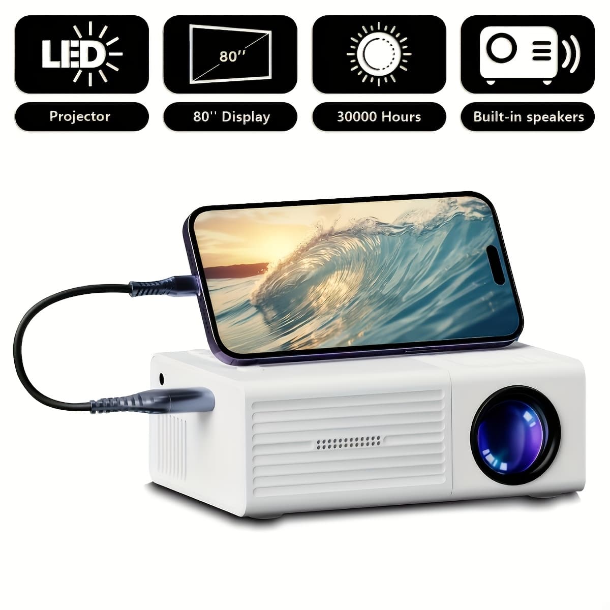 TEMU Portable Mini Projector, Compatible With Tv Sticks/ios/usb/laptops, Supports 4k And Native 1080p Full Hd, Built-in Remote Control, Supports 3d - Perfect For , Games, And Movies (plug And Play)