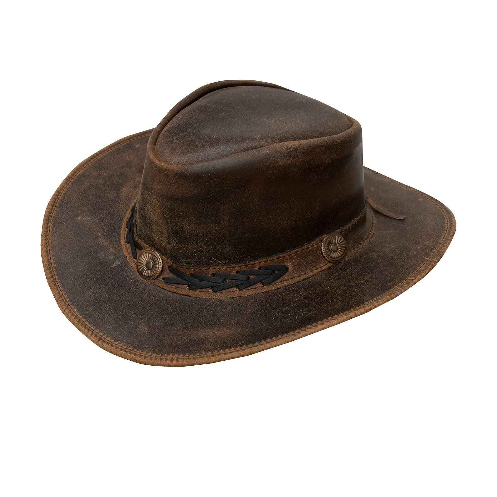 TEMU Leather Cowboy Hat Into Outback Hat Vintage Hats For , Festival Unisex Outdoor, High Quality &, Handcrafted Headwear-stitching, Lightweight Top-grain Leather, Brass Studs, Adjustable Chin Cord