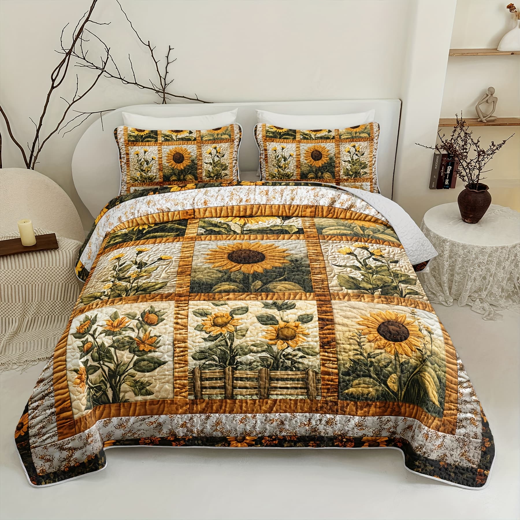 TEMU 3pcs Sunflower Bedding, Including A Sunflower Quilt And 2 Pillowcases, Perfect For Rustic Farmhouse Bedroom Decor Throughout The Year