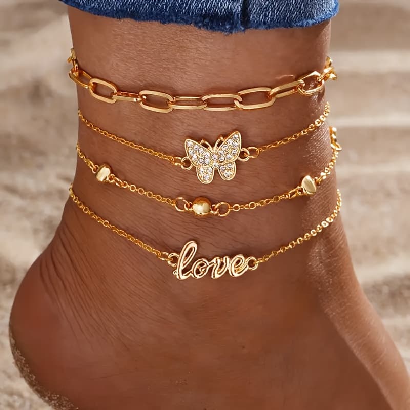 TEMU 4pcs Set Vintage Style Stackable Anklet Set With & Love Shape Adjustable Ankle Bracelet For Women