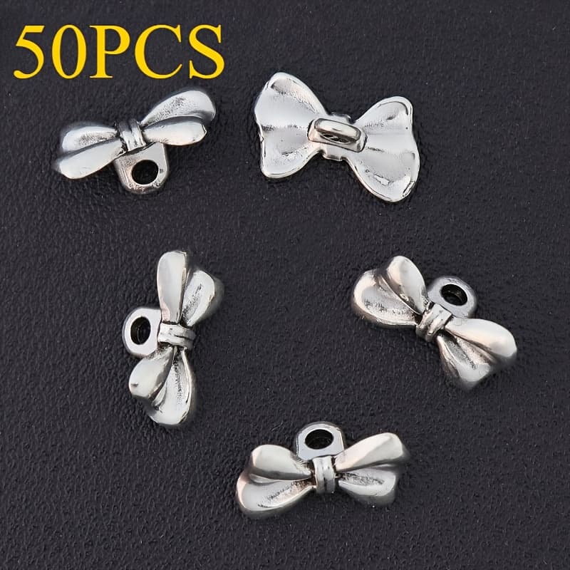 TEMU 50/150pcs Alloy Material Bow Shaped Spacer Beads, Antique Silvery Style Exquisite Pendant, Suitable For Handmade Diy Gift Making, Necklaces, Bracelets, Anklets, Earrings, Keychain Accessories