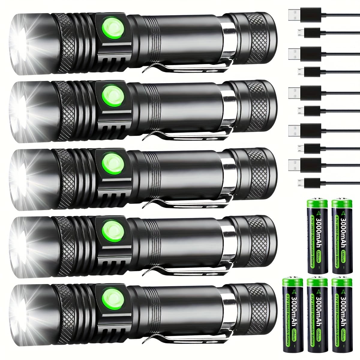 TEMU 5pcs Usb Rechargeable Led Tactical Flashlight, 4 Zoom Pocket Torch With Clip For Hiking, Camping, Emergency, Fishing (included 18650 Battery)