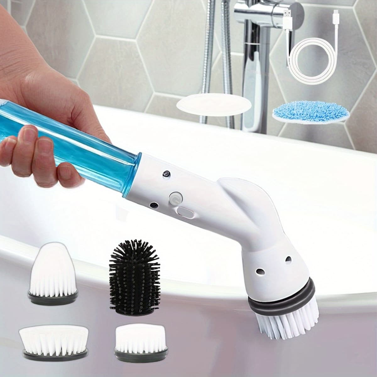 TEMU 1pc/2pcs Electric Spin Scrubber - Cordless Rechargeable & Adjustable With 6 Brushes - All-purpose Cleaning For Bathroom Kitchen Tile Shower & Car - High-performance -time-saving Solution