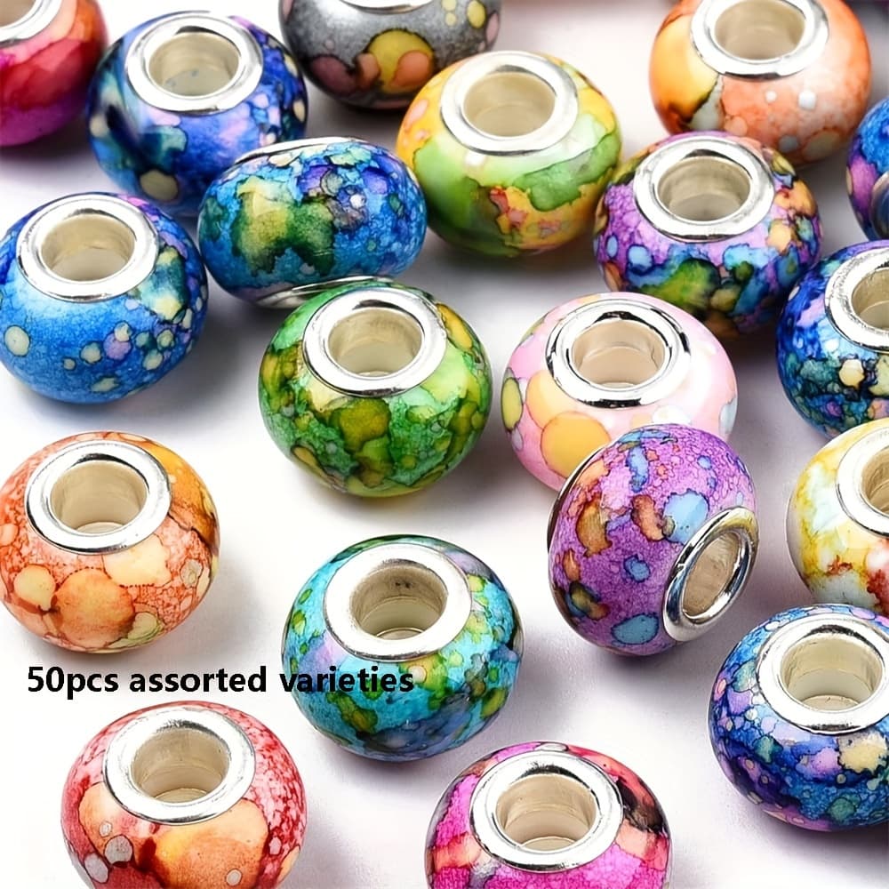 TEMU 50pcs Random Color Watercolor Resin Rondelle Beads With Silvery Brass Core Charms - Suitable For Bracelets, Necklaces, Diy Pens, Jewelry Making, And Macrame Braids