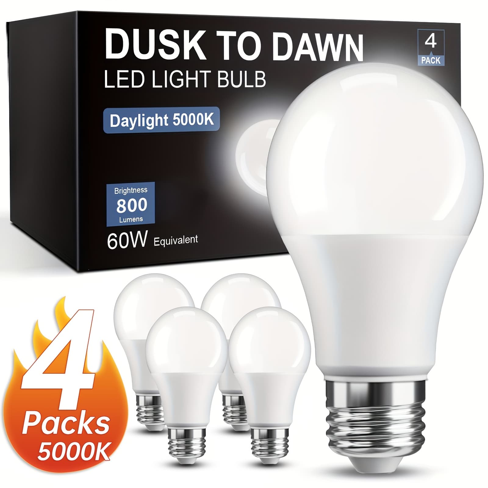 TEMU Set Of 4 Dusk-to-dawn Led Bulbs With Light Sensors, Automatically Turning , Equivalent To 60w But Using Only 9w, In White At 5000k/2700k, Featuring An E26 Base