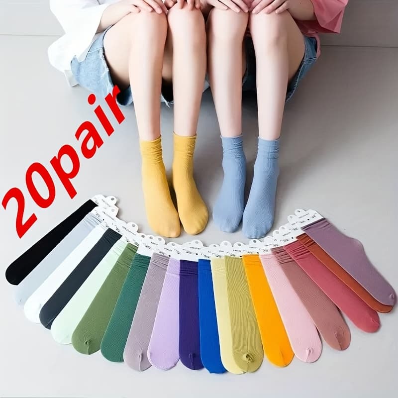 TEMU 20pairs Color Random Japanese Korean Women Ice Thin Loose Calf Tube Socks Summer Nylon College Style Solid Color Socks