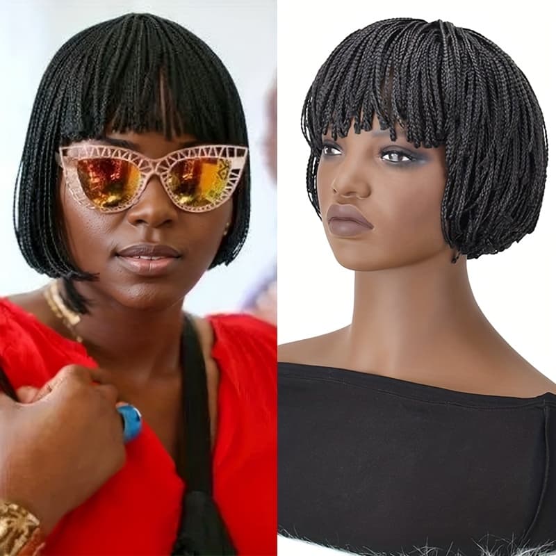 TEMU 10-inch Synthetic Straight Braided Wig With Short Bob Cornrows, Heat-resistant Dreadlocks, Bangs, And A Glueless , Designed For Women