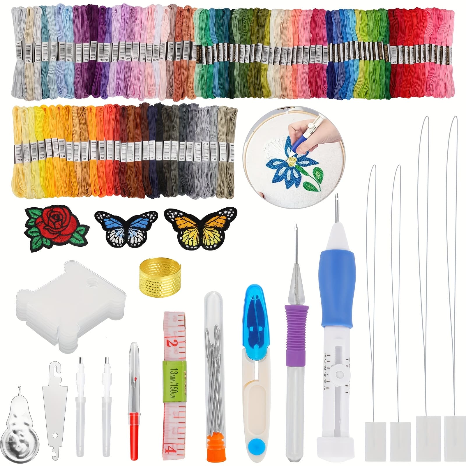 TEMU Beginner's Embroidery Set With 138pcs, Featuring A Cross Stitch Tool, 100 Thread Colors, A Metal Thimble, And 3 Floral And Patches, Perfect For Craft Projects And Embroidery Punch