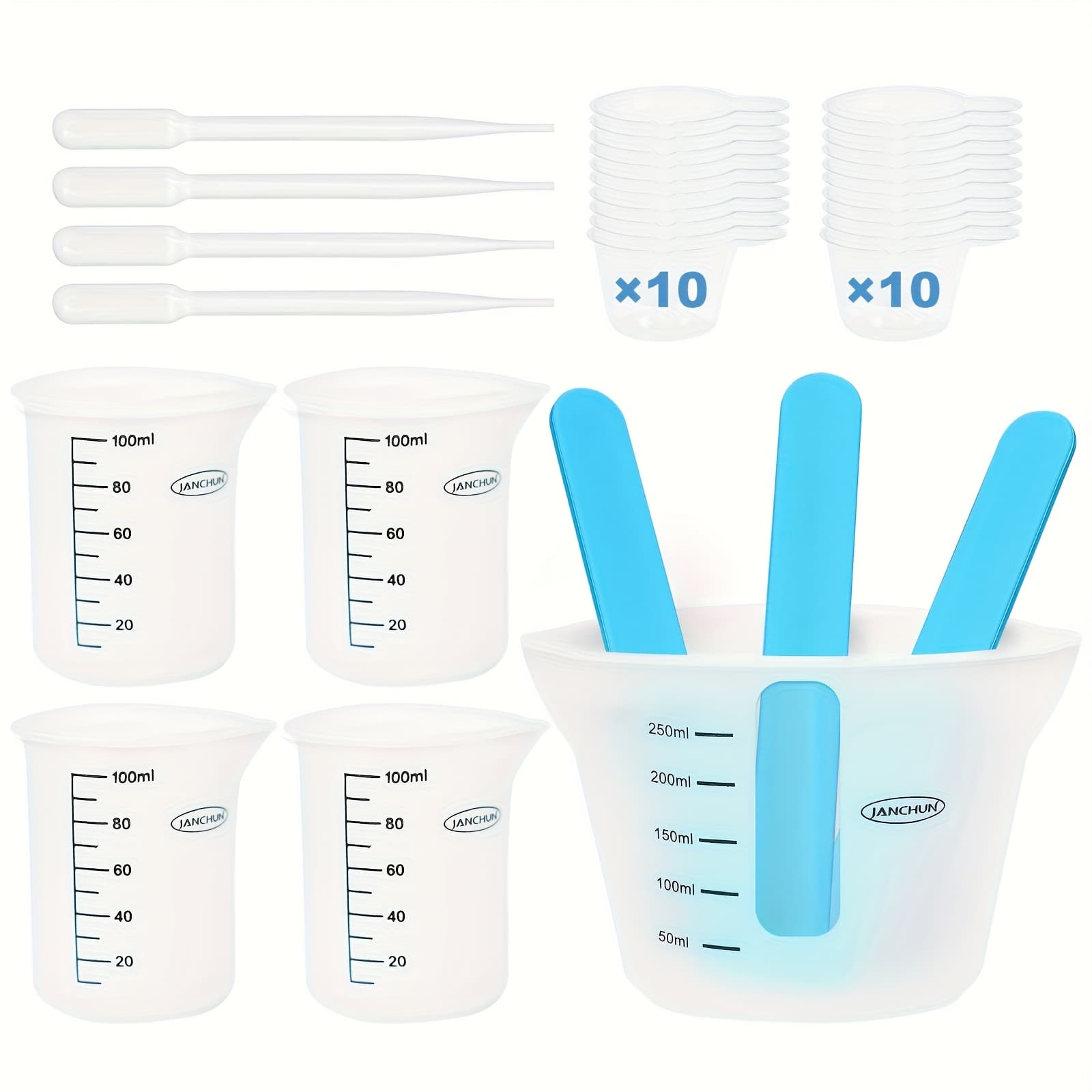 TEMU Silicone Resin Measuring Cups Tool Kit- Janchun 250 & 100 Ml Measure Cups, Silicone Stir Sticks, Pipettes, Finger Cots For Epoxy Resin Mixing, Molds, Jewelry Making, Waxing, Easy To Supplies