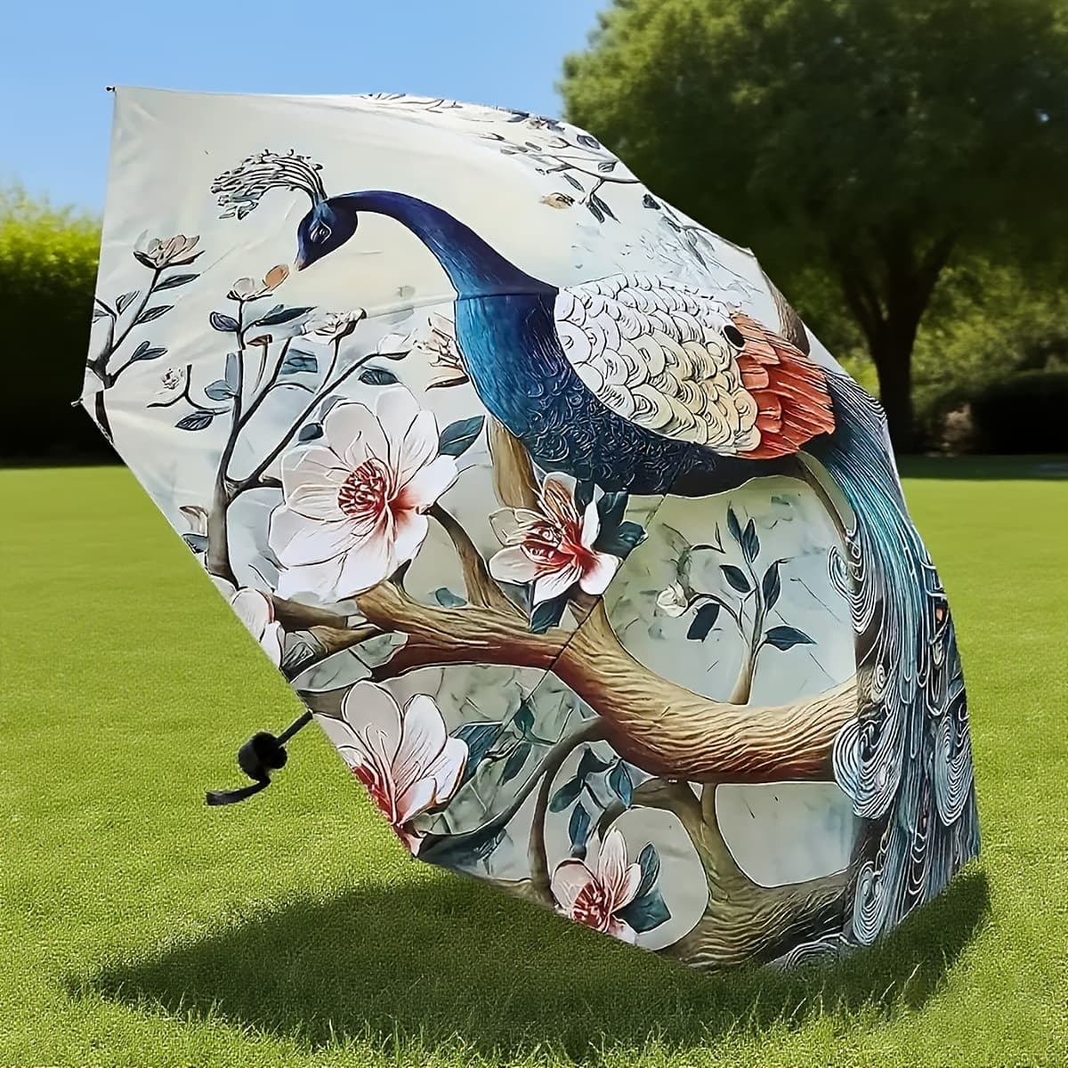 TEMU 8-bone Three-fold Umbrella, With Exquisite Peacock And Floral Designs, Is Small And Fashionable. An Outdoor Umbrella Suitable For Daily Use