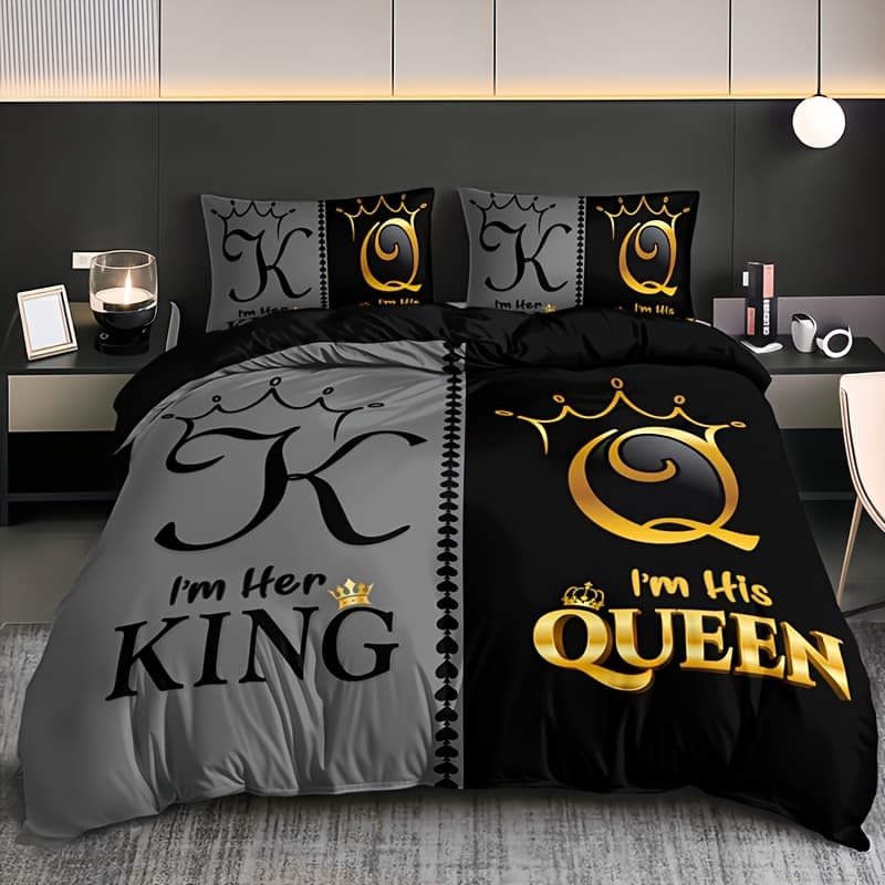 TEMU 3pcs Super Soft Breathable And Queen Letter Duvet Cover Set (1 Duvet 2 Pillowcases Without Pillow Core), At Home Dormitory High Definition Code Printing For Bedroom, Decor, Suitable For