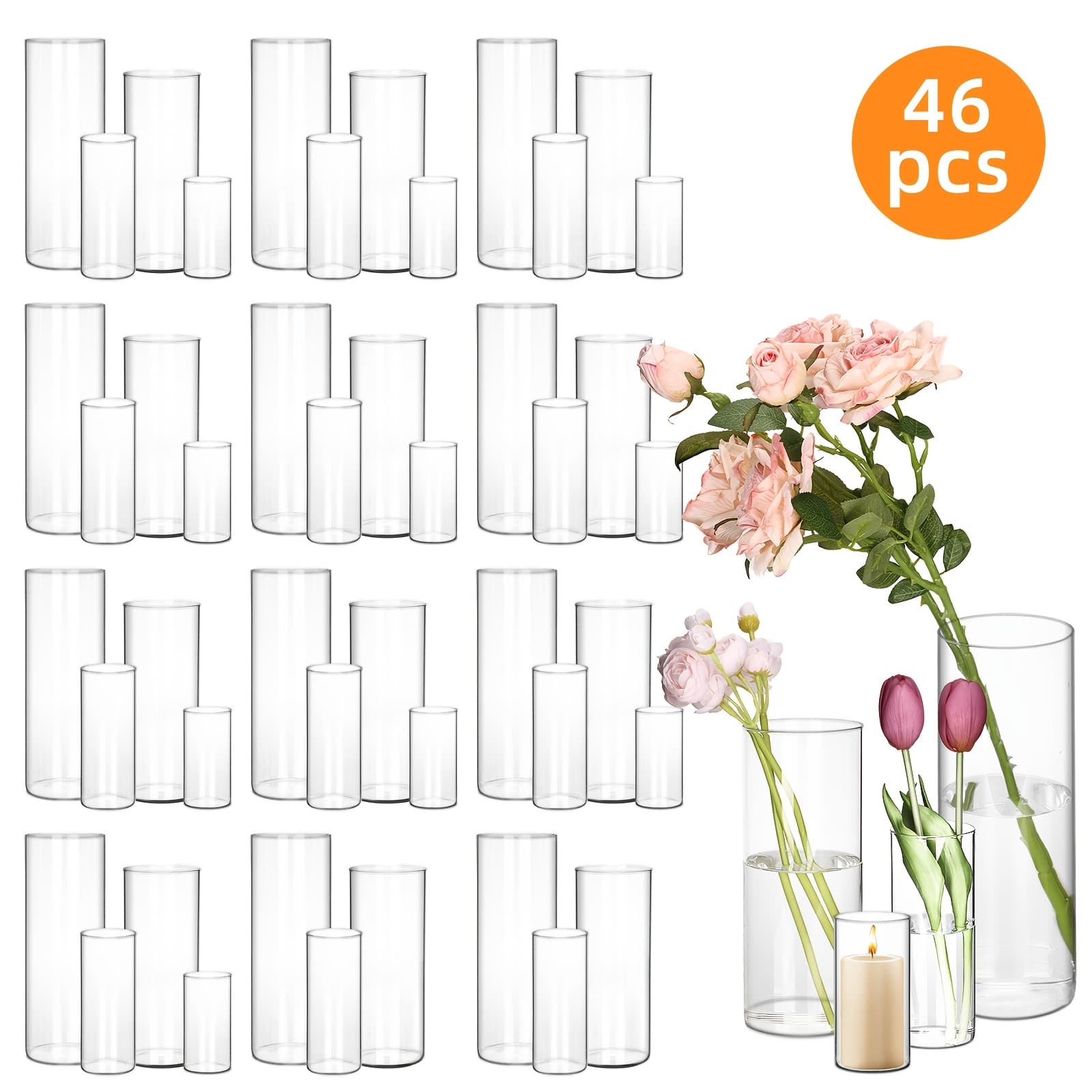 TEMU Tomnk 22/46pcs Glass Cylinder Vases For Centerpieces, 4 Sizes Clear Bud Vases For Wedding Decorations, Floral Vase Bulk Flower Vases, Tall Glass Hurricane Candle Holder For Table Shelf, Party