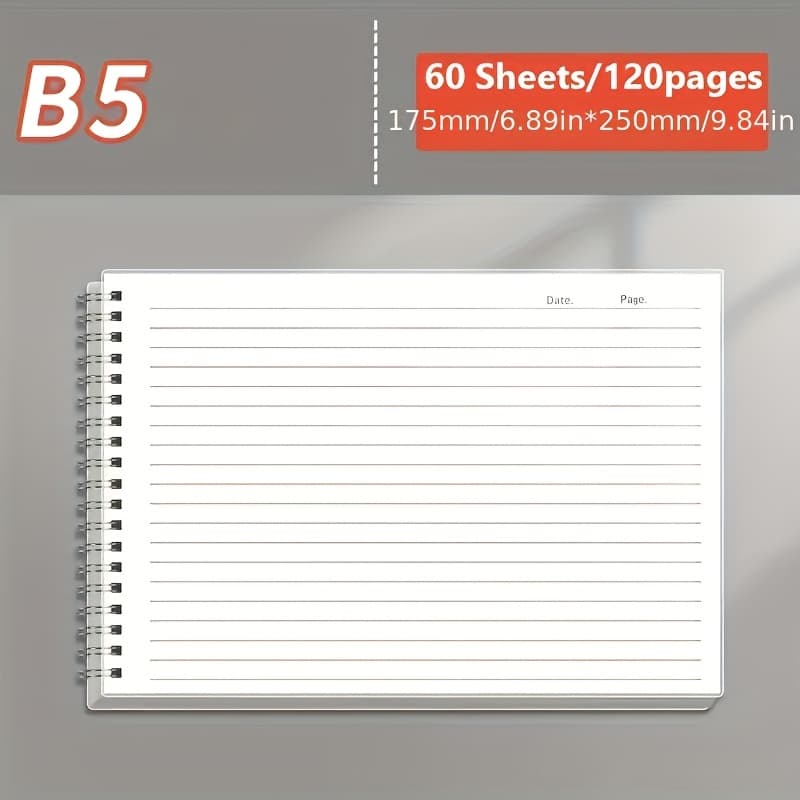 TEMU 60 Sheets Of Horizontal Coil-bound Pp Side-opening B5 Horizontal Line Notebook With Thick Transparent Removable Pages For Note-taking And Literary Excerpts Collection
