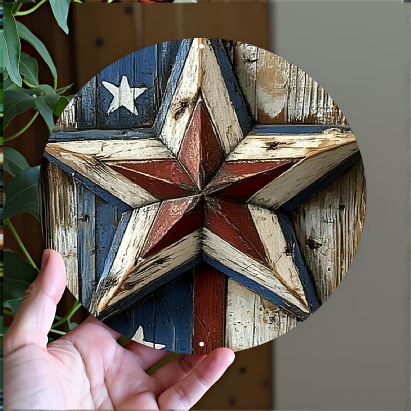 TEMU 2d 1pc 8x8inch Aluminum Vintage American Flag &amp; Design - Round Wall Sign With Wooden Texture, Door Or Wreath Decor, Room Decor Plaque, 2d Flat