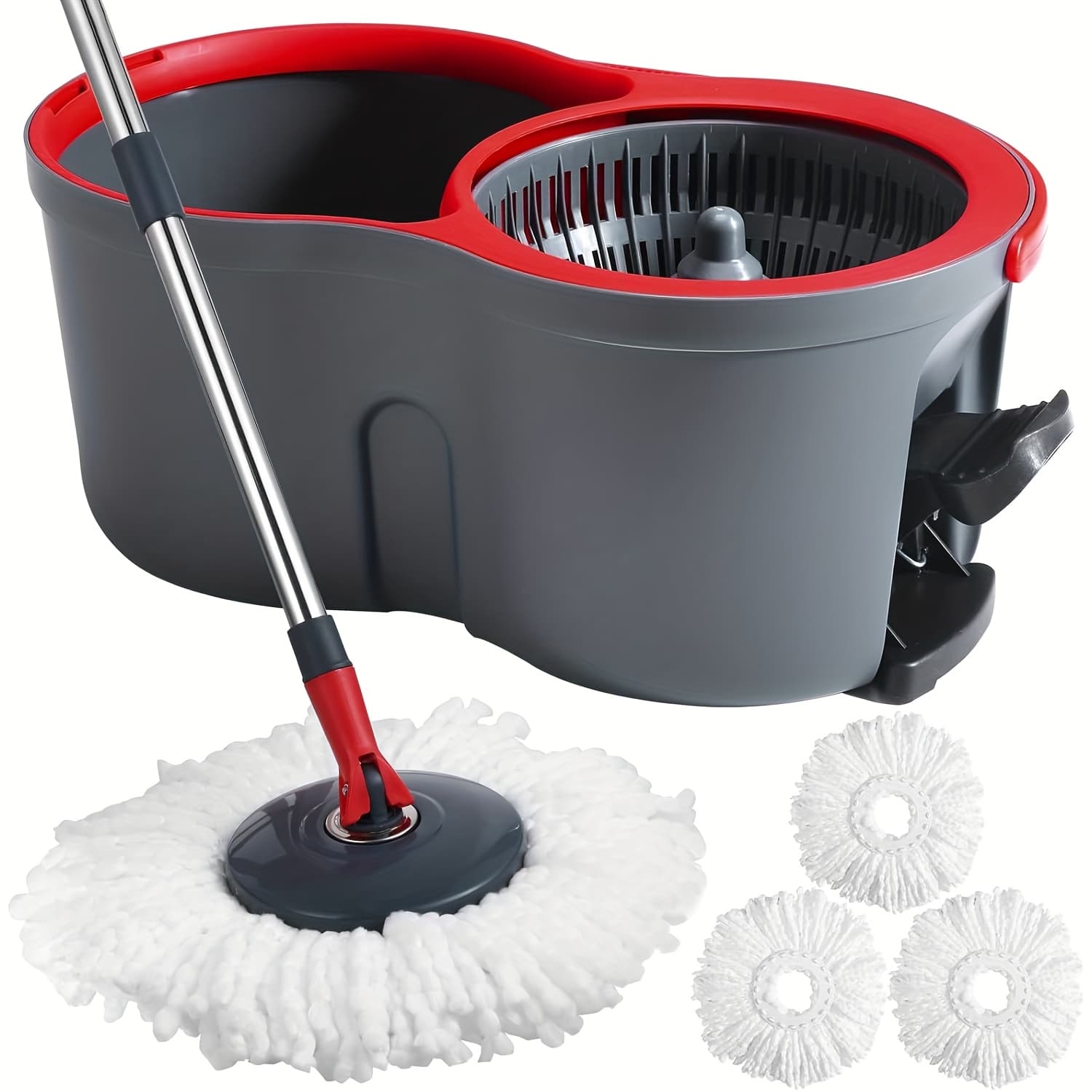 TEMU 360° Foot Pedal Rotating Mop Bucket Set With Twister, Includes 4 Washable Microfiber Mop Heads, Suitable For Wet And Dry Use, Labor-saving Foot Pedal Design, Essential For Home Floor Cleaning