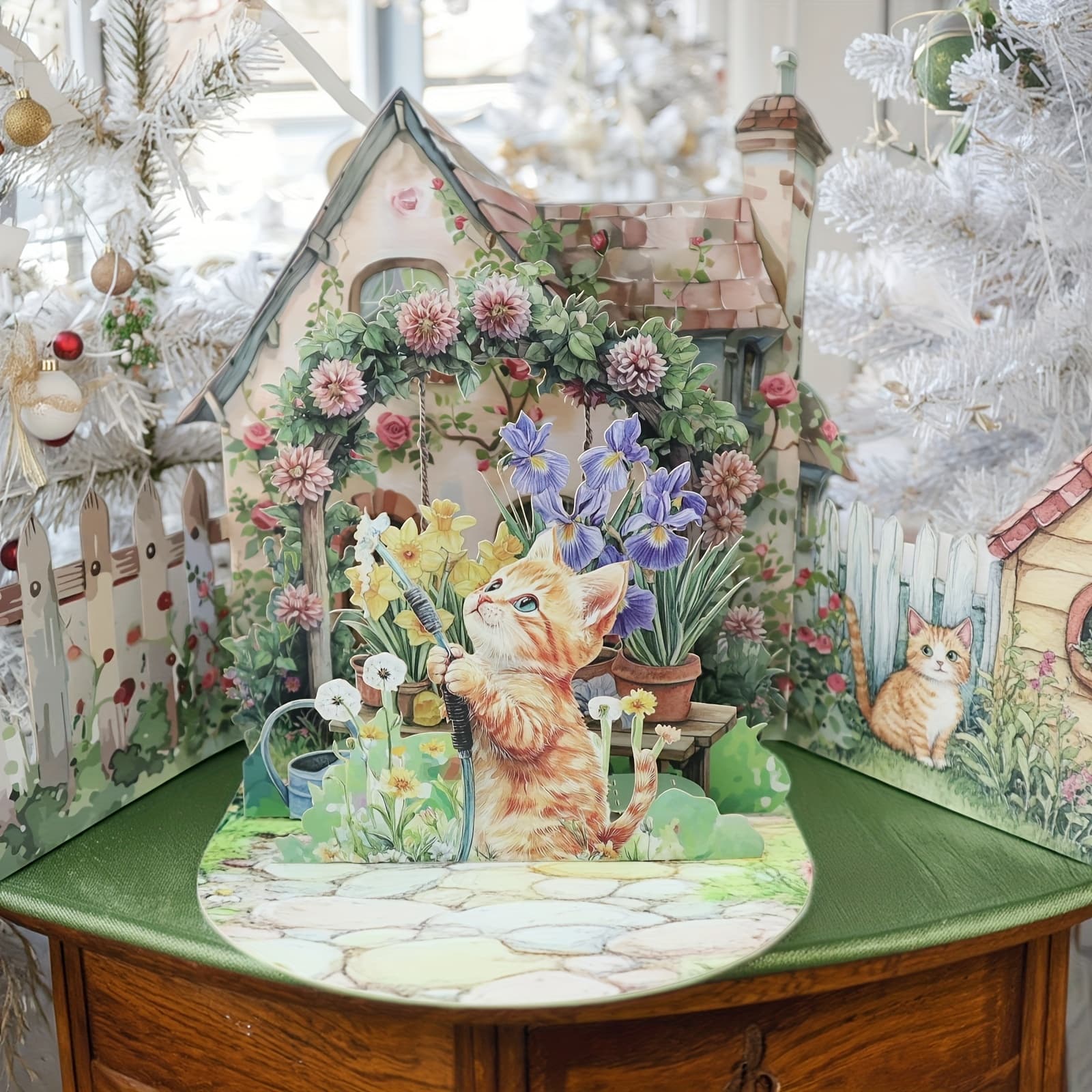 TEMU Birthday Greeting Pop-up Card For Festive Occasions, Designed With Kittens And Garden - "cute Kitten Watering Flowers" Theme, Includes Envelope - Suitable For