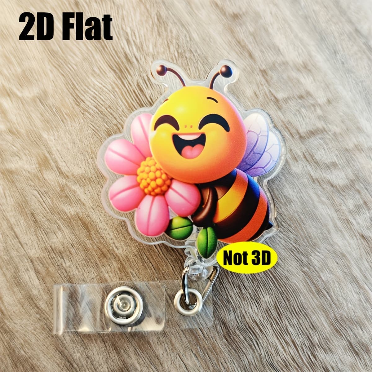 TEMU [2d Flat] Fun Bee Acrylic Badge Holder With Flower Badge Reel Retractable With Leather Clip - For Nurses, Teachers And Office Workers | Durable And Badge Designs, 2d Flat