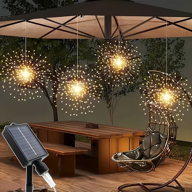 TEMU 8/4pcs, 480/240leds Solar Starburst Sphere Lights, Firework Lights 8 Hanging Fairy Light, Copper Wire Sparkly Lights For Tent Christmas