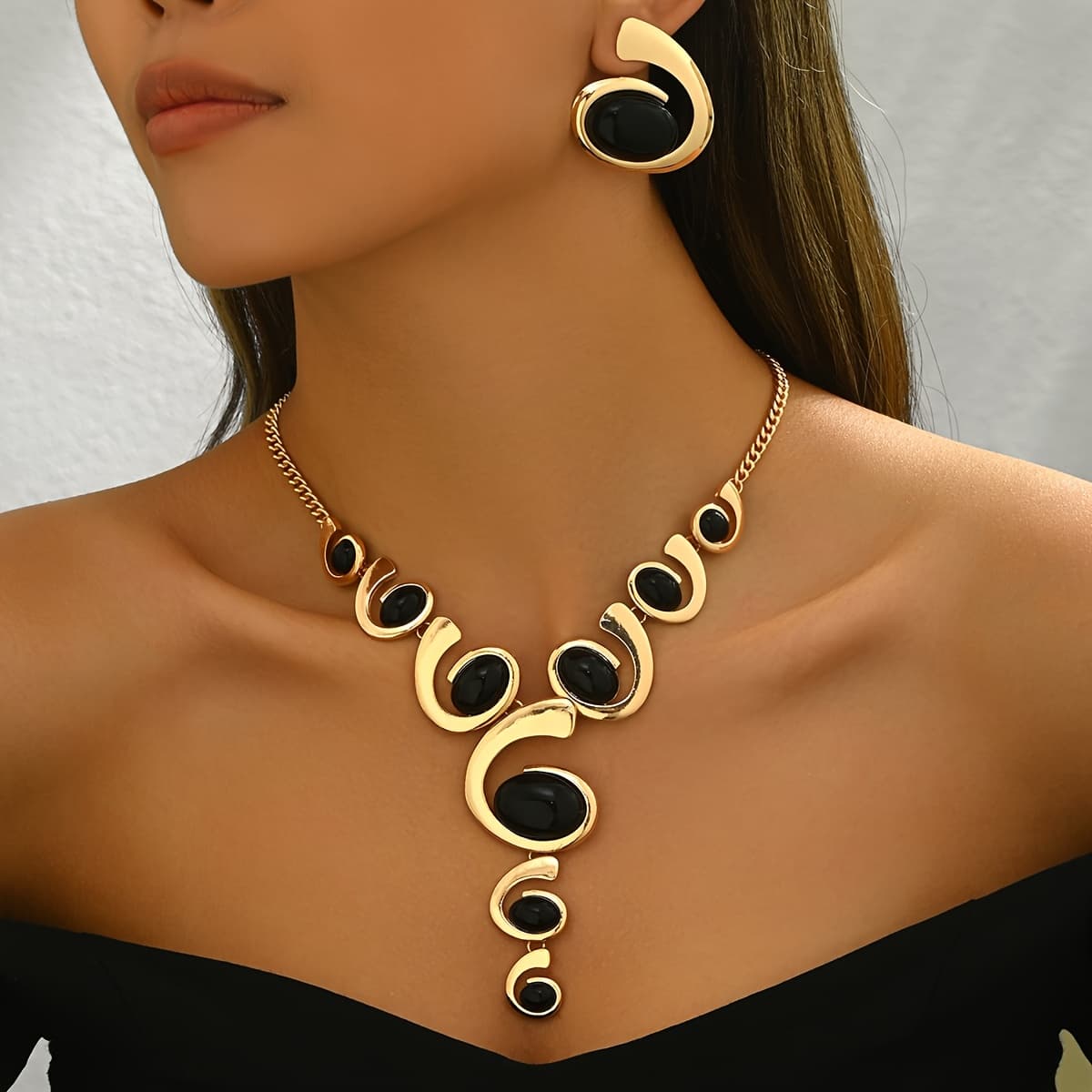 TEMU Women's Jewelry 2pcs Set 1pc Multi-spiral Snail Shaped Inlaid Black Size Gradient Combination Y-necklace And 1 Pair Spiral Snail Shaped Inlaid Black Stud Earrings