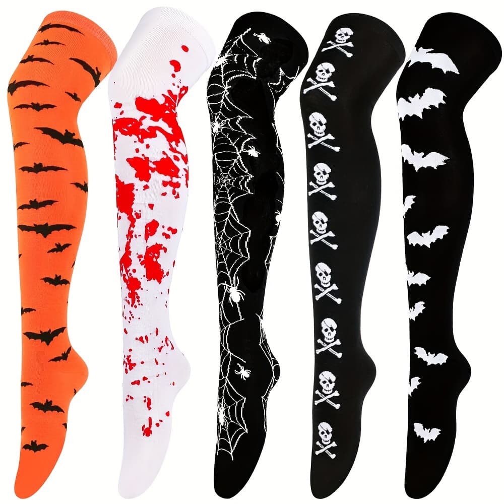 TEMU 5 Pairs/set Skull Print Thigh High Socks, Halloween Cosplay Over The Knee Socks, Women's Stockings And Hosiery For Music Festival