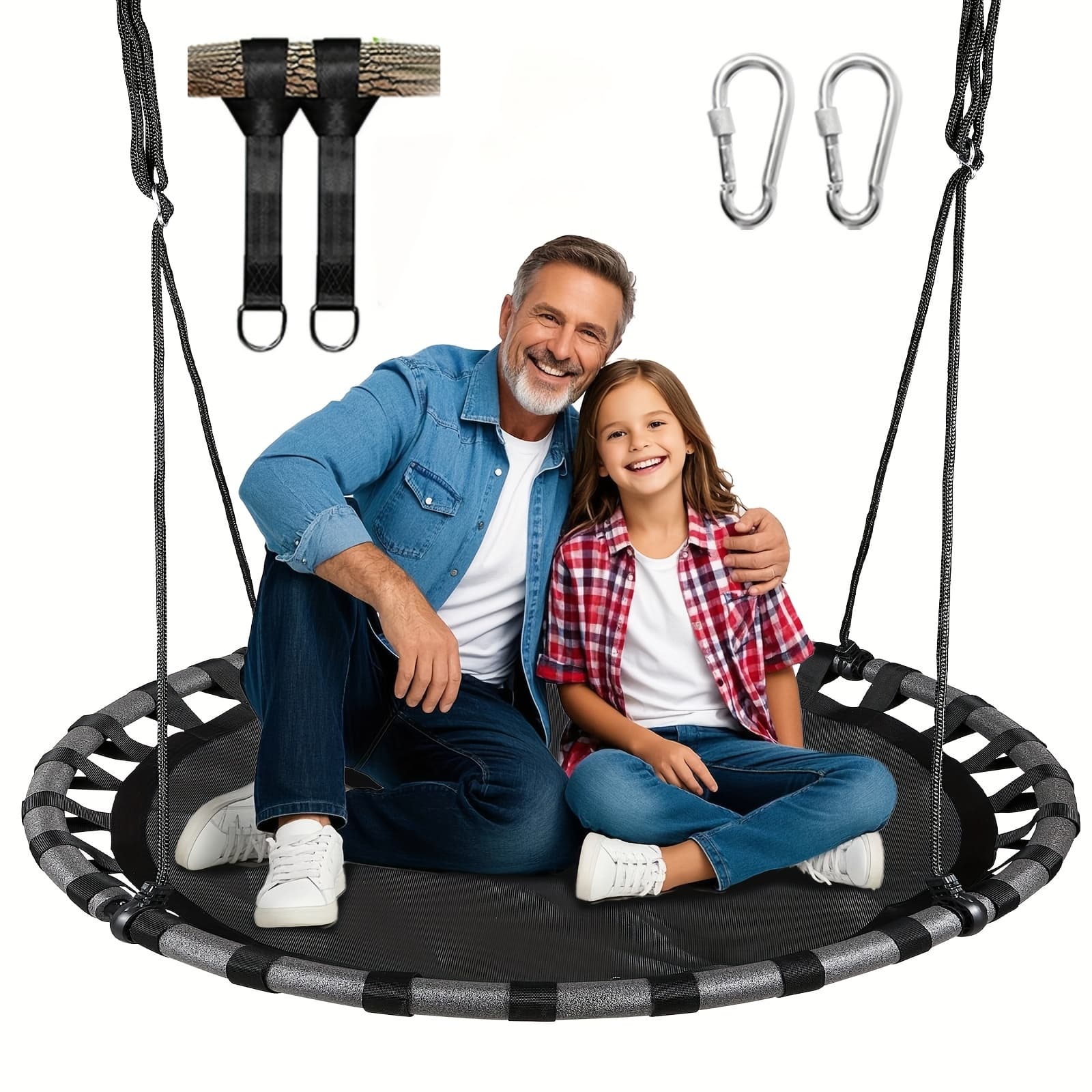 TEMU 43-50"children's Saucer , 360° Rotary Saucer Swing With Rotary Button, Suspension Strap, Adjustable Rope, Good Fabric Circular Pad Rotary Swing For Tree/swing Sets, Outdoor Only, Children Gift
