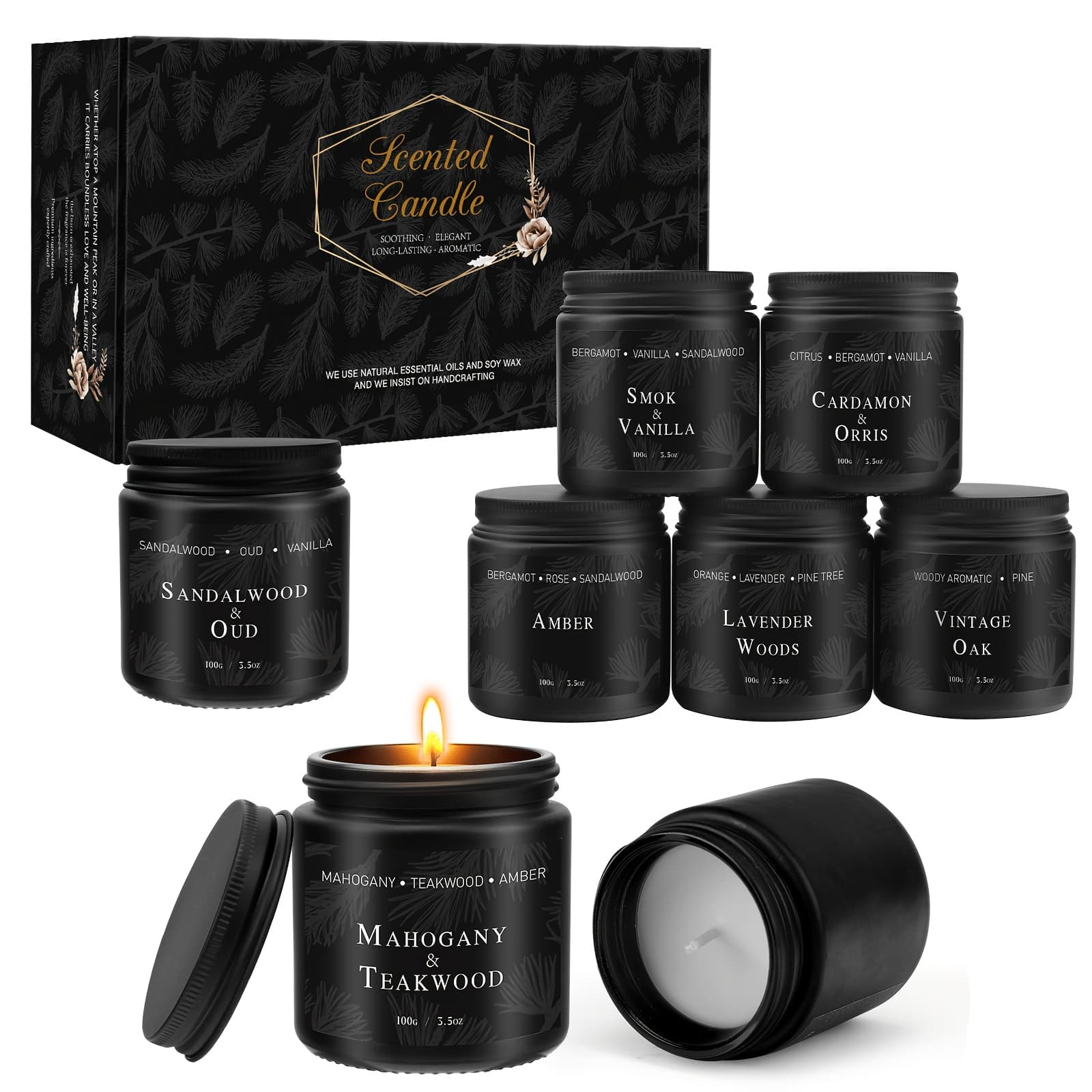 TEMU 8-pack Of Men's Scented Candles, Soy Candle, 300 Hours, Scents: Sandalwood & Oud, & Teak, & , Vintage Oak, Amber, Vintage Leather, Smoky Herbs, And Lavender Forest.perfect Gift For Male .father