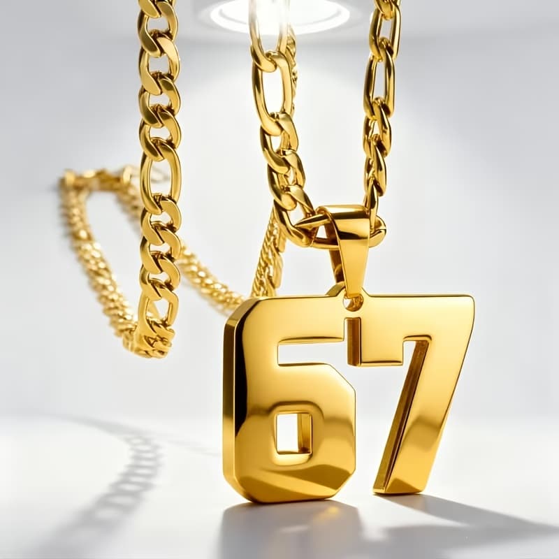 TEMU Thick 304 304 Stainless Steel Chain Necklace For Men Featuring A Jersey Number Pendant 67 - A Sturdy Accessory For Football, Basketball, And Baseball Jerseys - Perfect For Athletes And Supporters