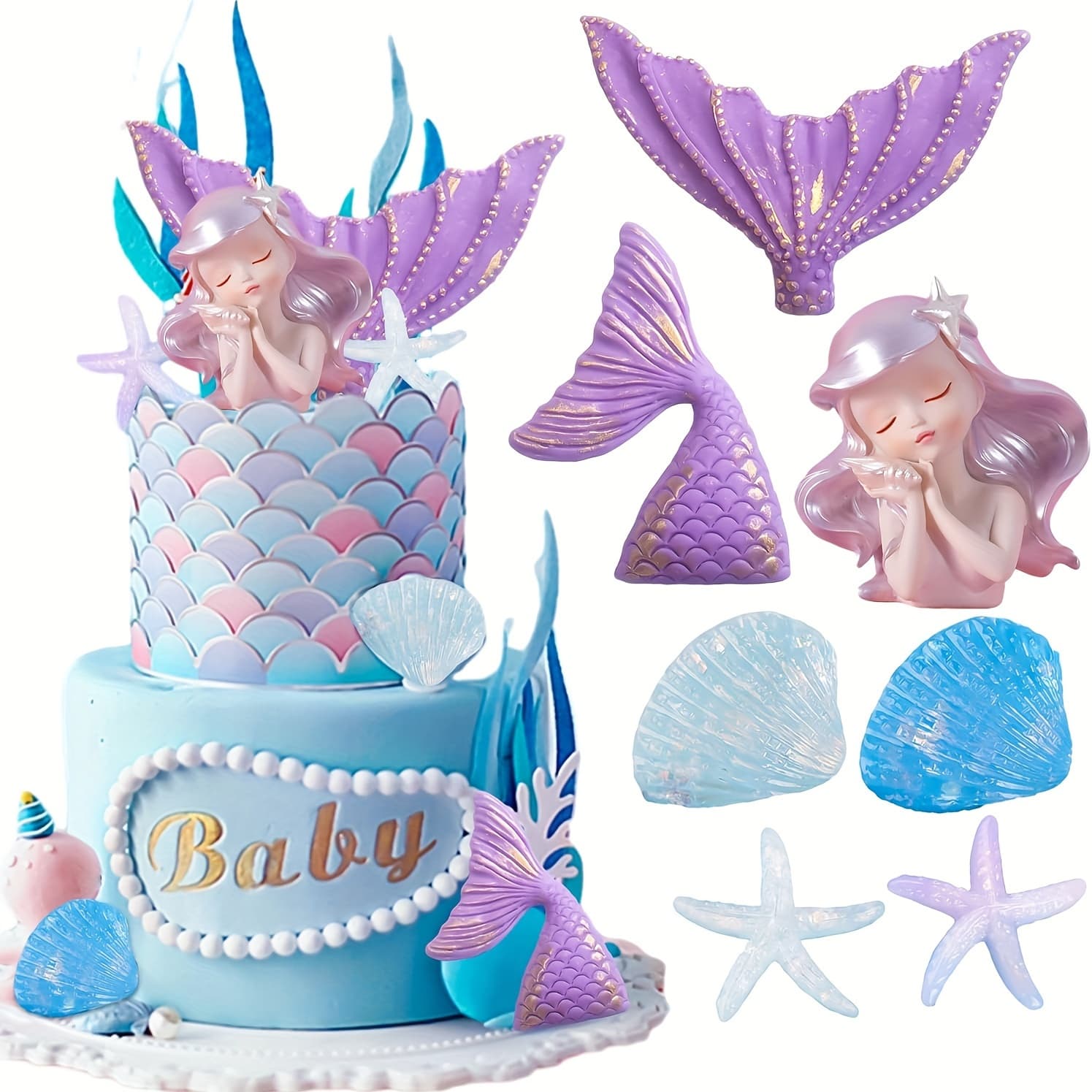 TEMU Jevenis 7pcs Purple Cake Topper Cake Decoration Seashell Cake Topper Mermaid Tail Cake Topper Mermaid Party Supplies Sea Star Cake Toppers