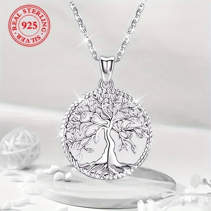 TEMU [sterling Tree Of Life Necklace] Elegant 925 Sterling Silvery Tree Of Life Pendant Necklace - Hypoallergenic, Perfect For Casual Attire And Gifting