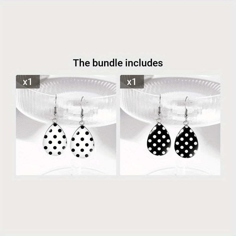 TEMU 1 Pair Black And White Polka Dots Tear Drop Earring Handmade Glass Dome Dangle Earrings Jewelry