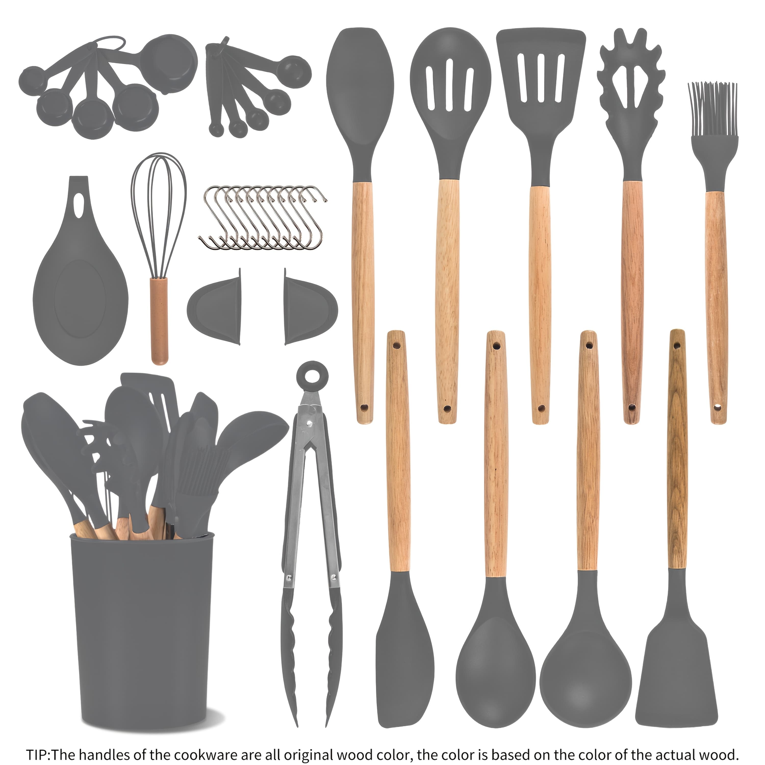 TEMU 35pcs Kitchen Cooking Utensils Set, Silicone Cooking Kitchen Utensils Spatula Set With Holder, Wooden Handle Silicone Kitchen Gadgets Utensil Set