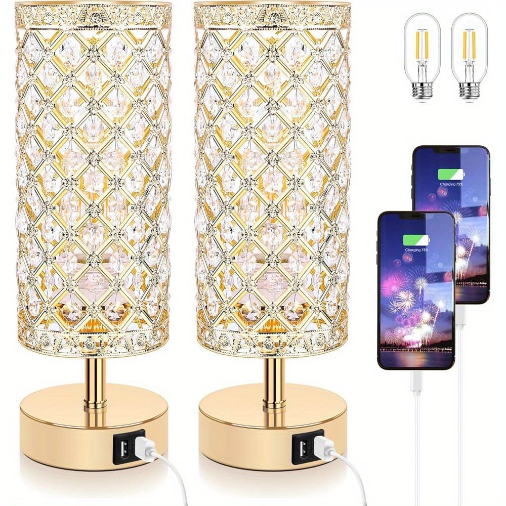 TEMU Set Of 2 Control Table Lamps With Usb- Ports & 3-way Dimmable Led Bulbs - Golden Metal Bedside Lamps Suitable For Bedroom, Living Room, Nightstand - Plug-in (no )