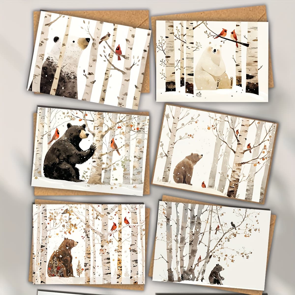 TEMU 12pcs Christmas Watercolor Bear And Bird Mixed Pattern Greeting Card Set With Envelopes, Folded Size 9x13cm / 3.54x5.11in, Expands To 18x13cm / 7.08x5.11in, Perfect For Holiday Wishes