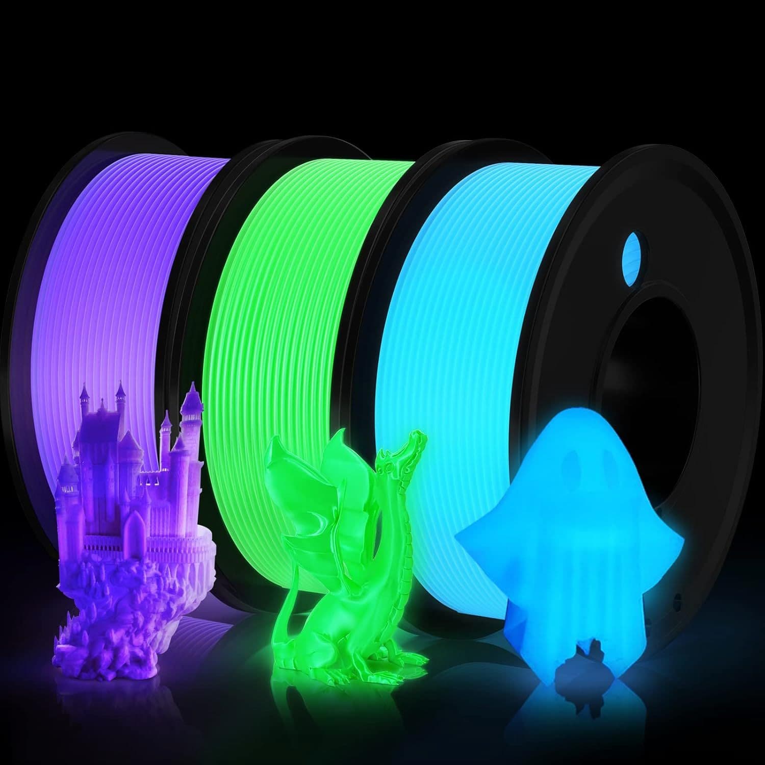 TEMU Bundle Of 3 Colors Of 1.75mm Pla -the-dark Filament For 3d Printing, Including Green, Blue, And Purple, With An Of ±0.05mm, Vacuum-packed In 250g Rolls.