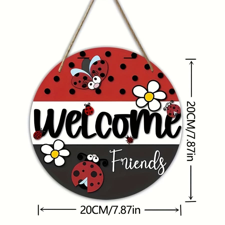 TEMU 1pc Ladybug Welcome Sign - Round Wooden Door Hanging With Striped Background, Polka Dots & Floral Accents - Home, Room, Restaurant, Bar, Cafe, Garage Wall Decor - Ladybug Outdoor Decoration