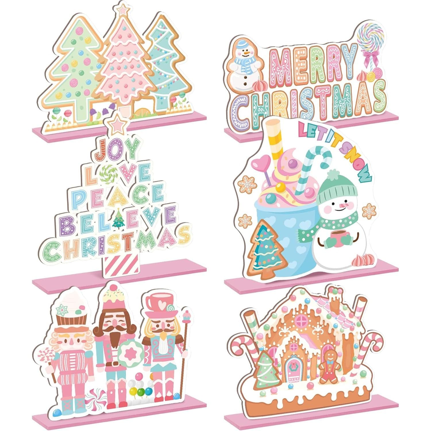 TEMU 6pcs Christmas Table Centerpiece Decorations Pastel Candy Wooden Tabletop Decor Xmas Table Signs With Base Christmas Tree Decorations For Holiday Xmas Home Indoor Decordecorative Sign, Plaque