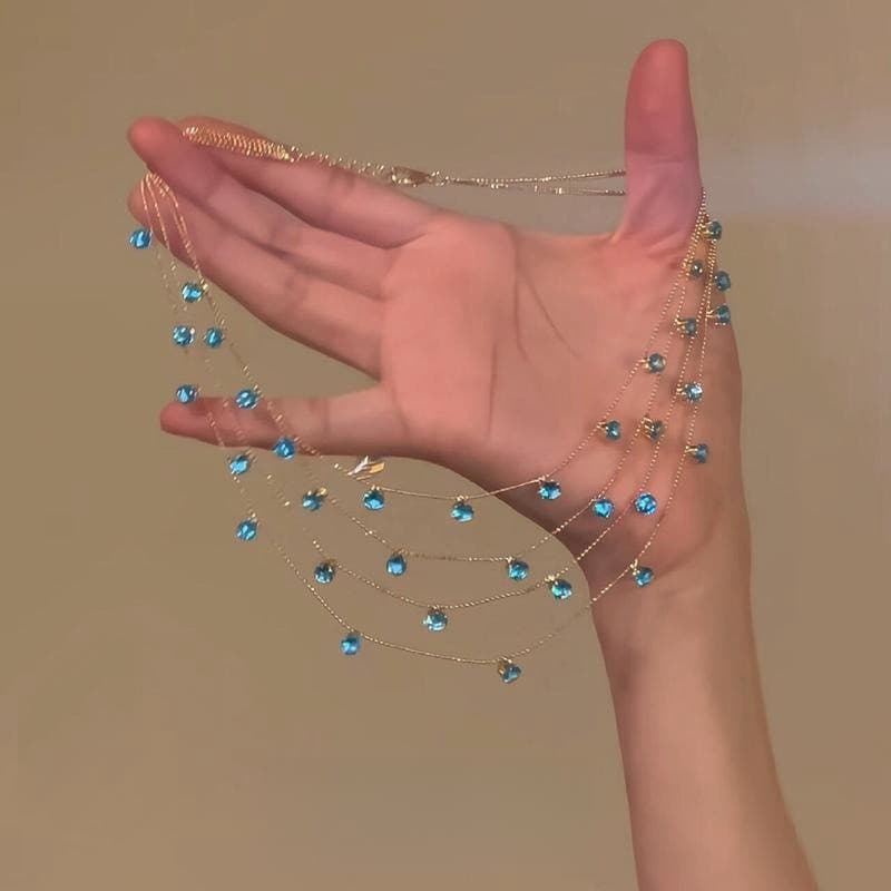 TEMU Pc Layered Blue Artificial Crystal Pendant Necklace, Collarbone Chain, Shining Like The Stars