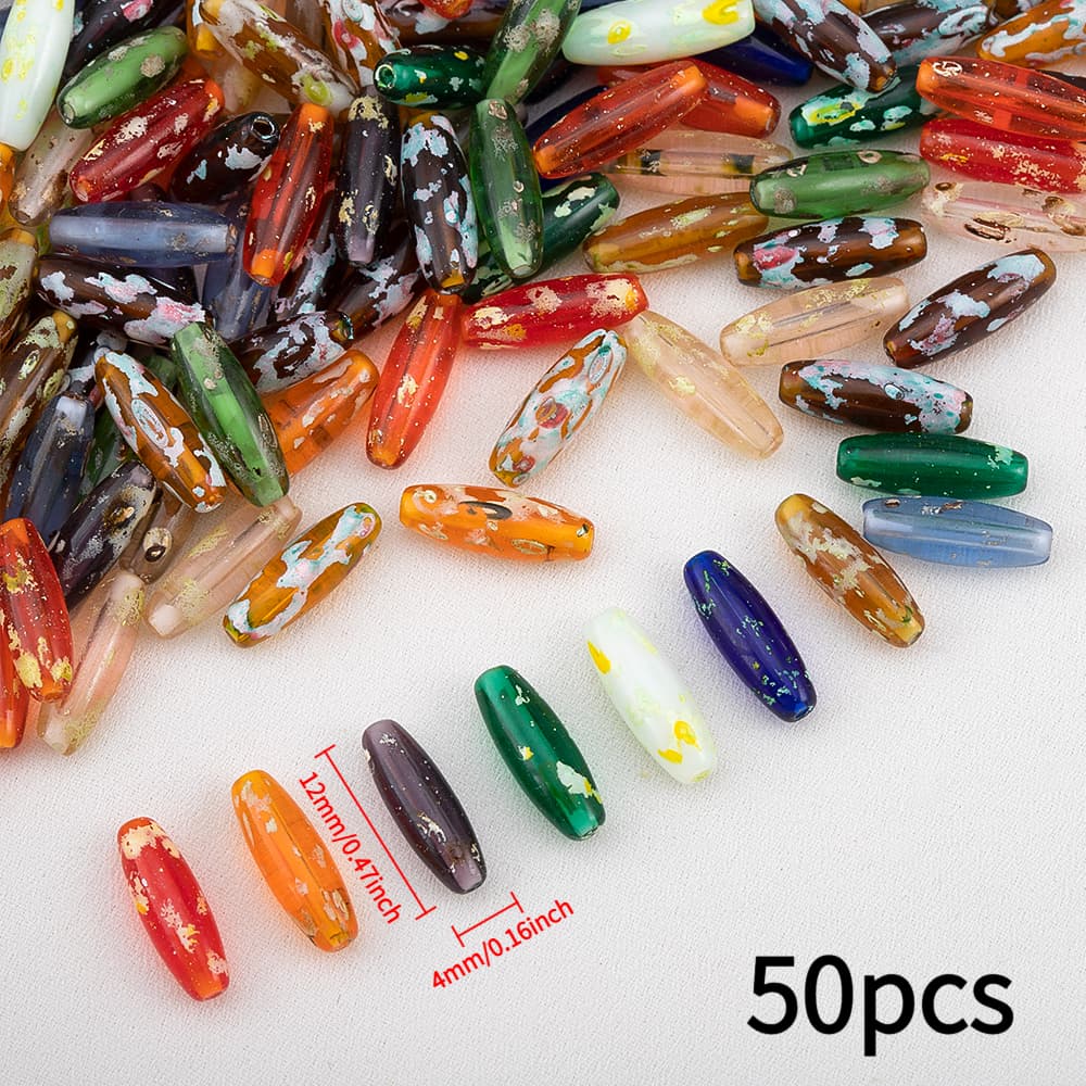 TEMU 50pcs Random Colors, Mixed Color Colorful Retro Pattern Rice Beads, Handmade Diy Beaded Necklace Bracelet Accessories, Glass Oblong Beads, Jewelry Making Material Package
